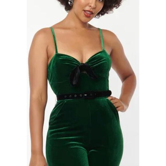 Unique Vintage Velvet Holiday Cropped Jumpsuit Emerald Sz L #8 - Picture 5 of 6